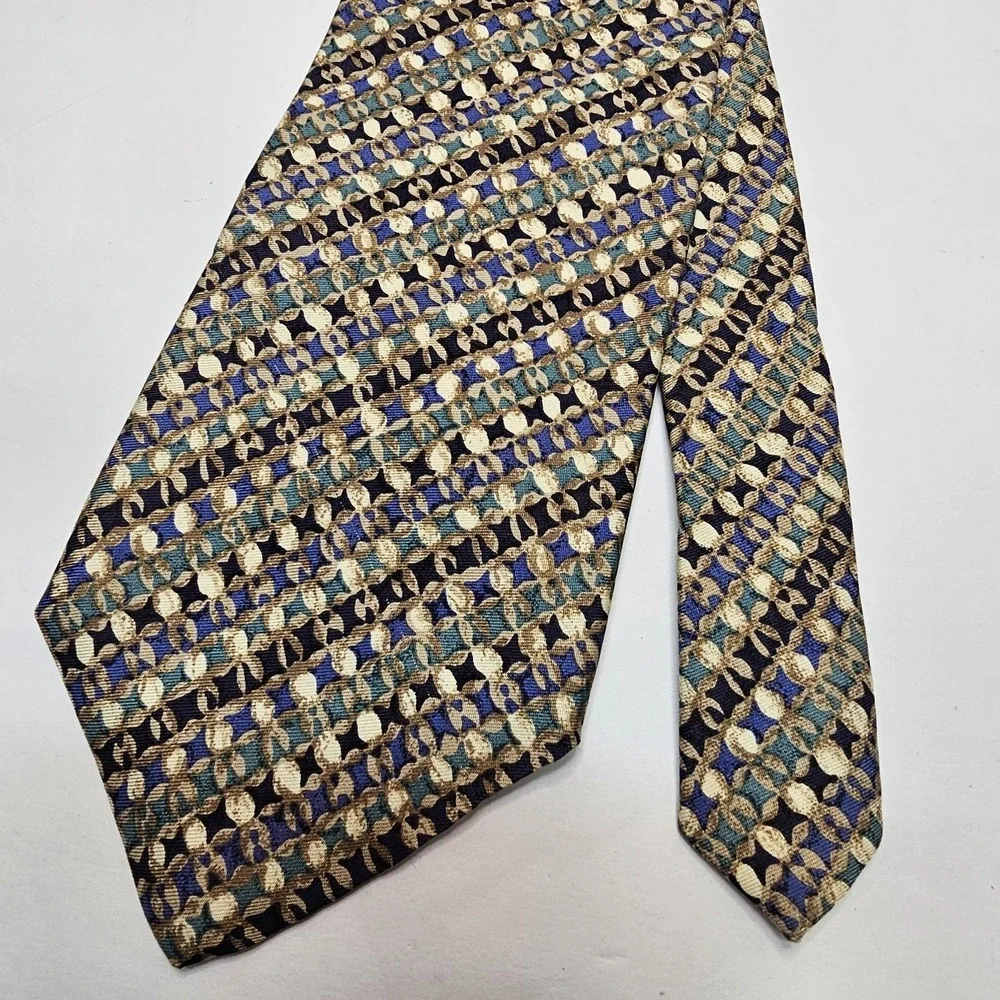 Geoffrey Beene Luxury Tie Gold Blue Green Geometric Woven 100% Silk Necktie‎ USA